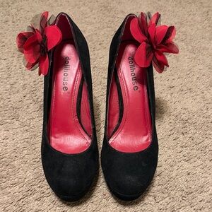Dollhouse Black Velvet Heels with Red Floral Detail